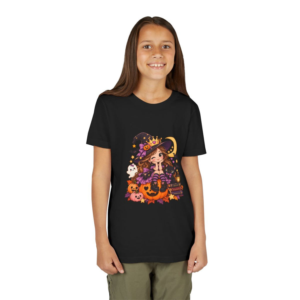 Cute Little Witch Halloween Youth Tee | Pumpkin, Cat, Moon, Lantern