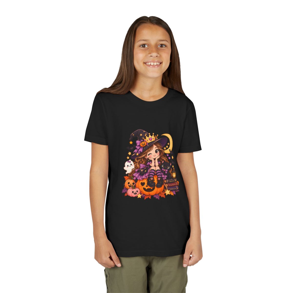 Cute Little Witch Halloween Youth Tee | Pumpkin, Cat, Moon, Lantern