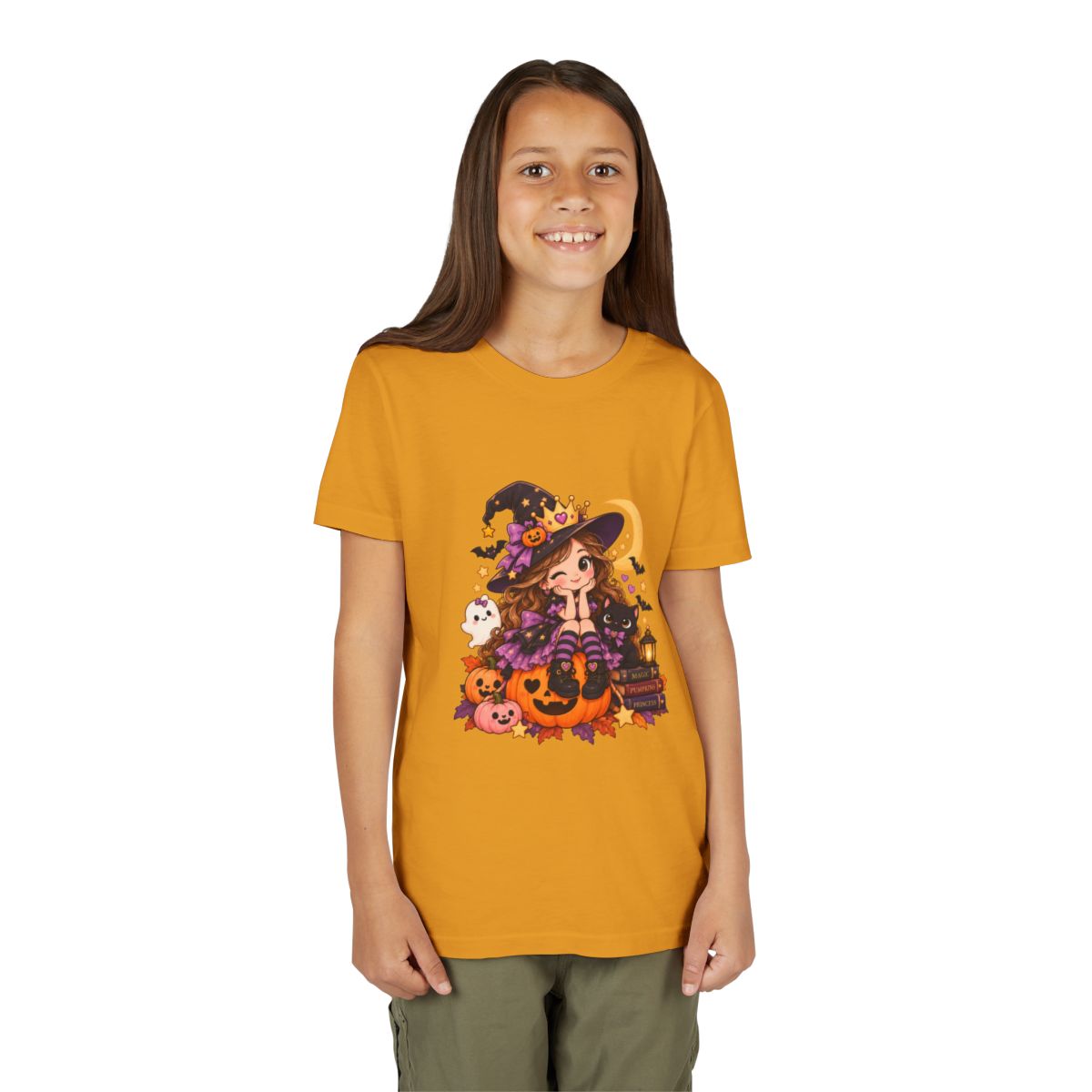 Cute Little Witch Halloween Youth Tee | Pumpkin, Cat, Moon, Lantern