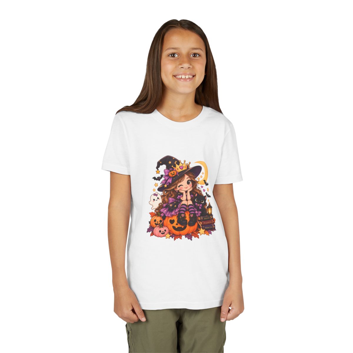 Cute Little Witch Halloween Youth Tee | Pumpkin, Cat, Moon, Lantern
