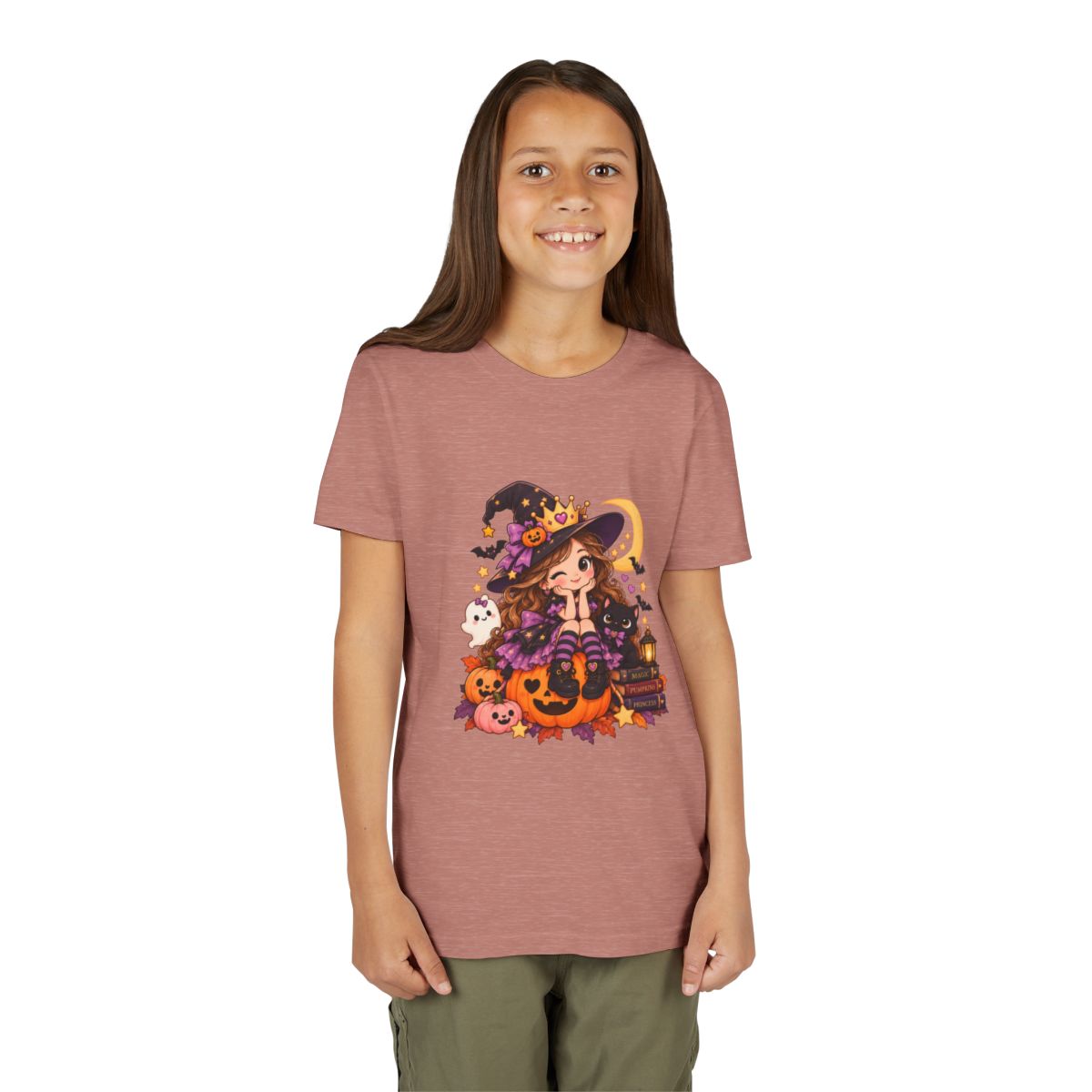 Cute Little Witch Halloween Youth Tee | Pumpkin, Cat, Moon, Lantern