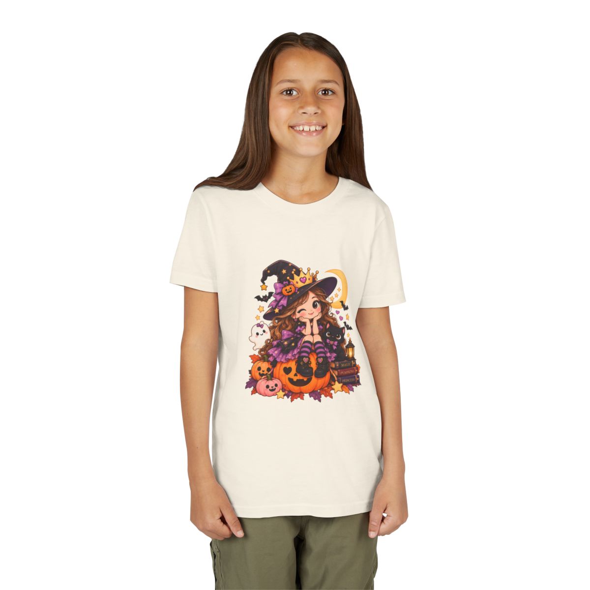Cute Little Witch Halloween Youth Tee | Pumpkin, Cat, Moon, Lantern