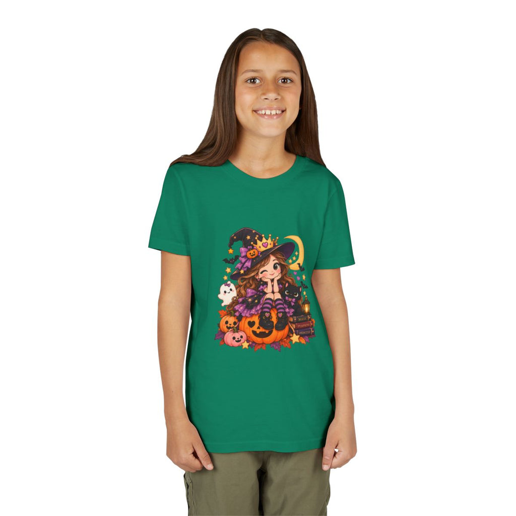 Cute Little Witch Halloween Youth Tee | Pumpkin, Cat, Moon, Lantern