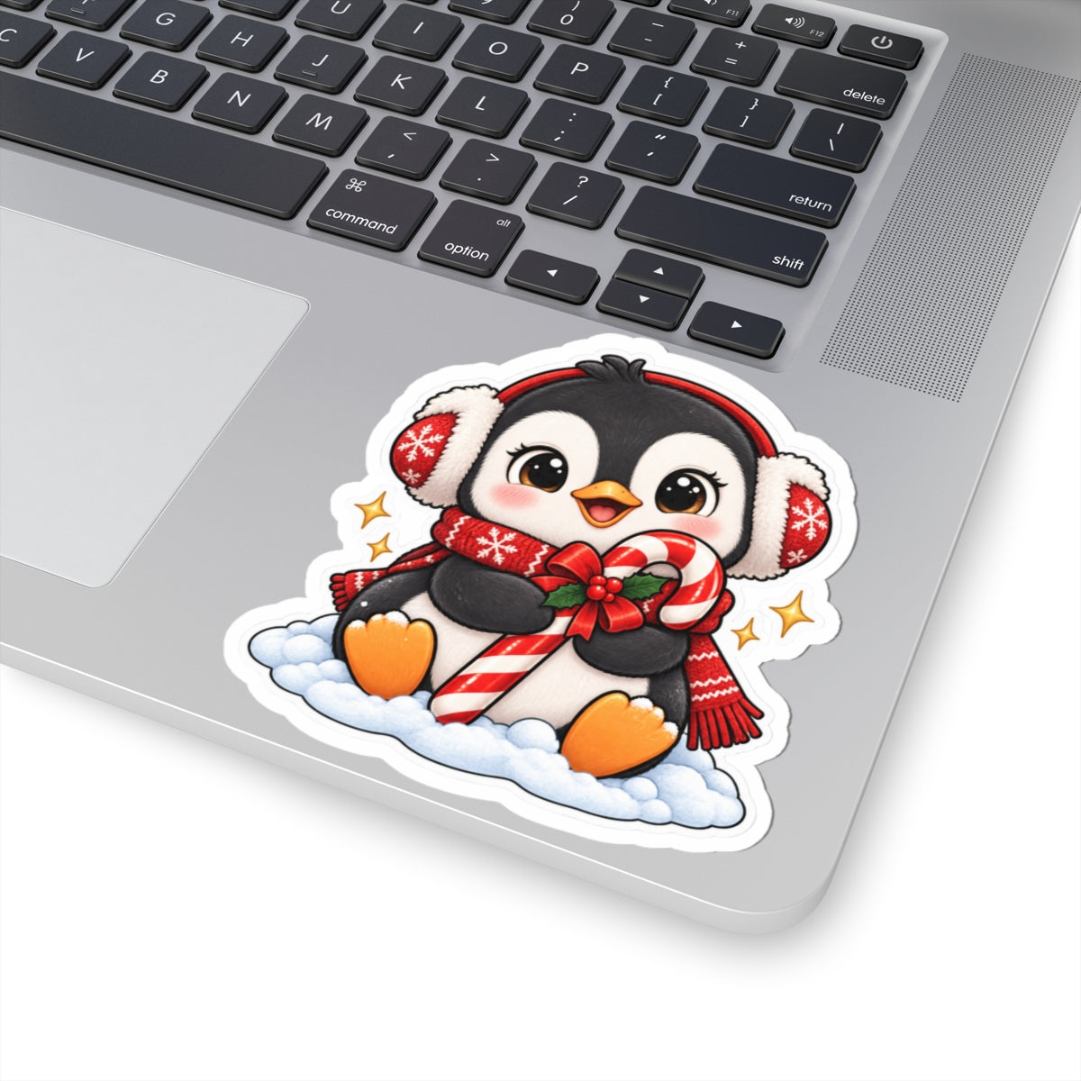 Cute Penguin with Candy Cane Sticker | Christmas Kiss-Cut Sticker