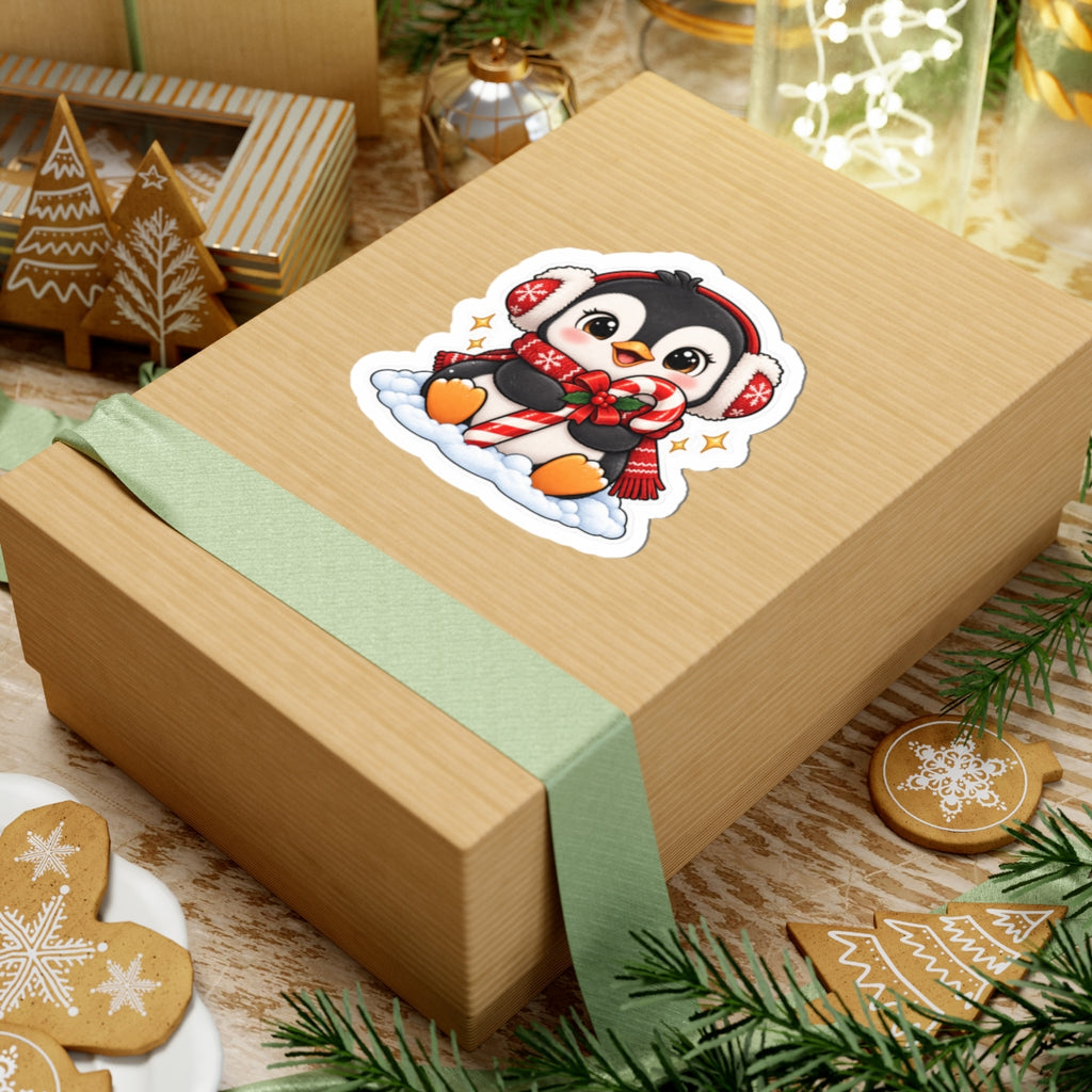 Cute Penguin with Candy Cane Sticker | Christmas Kiss-Cut Sticker