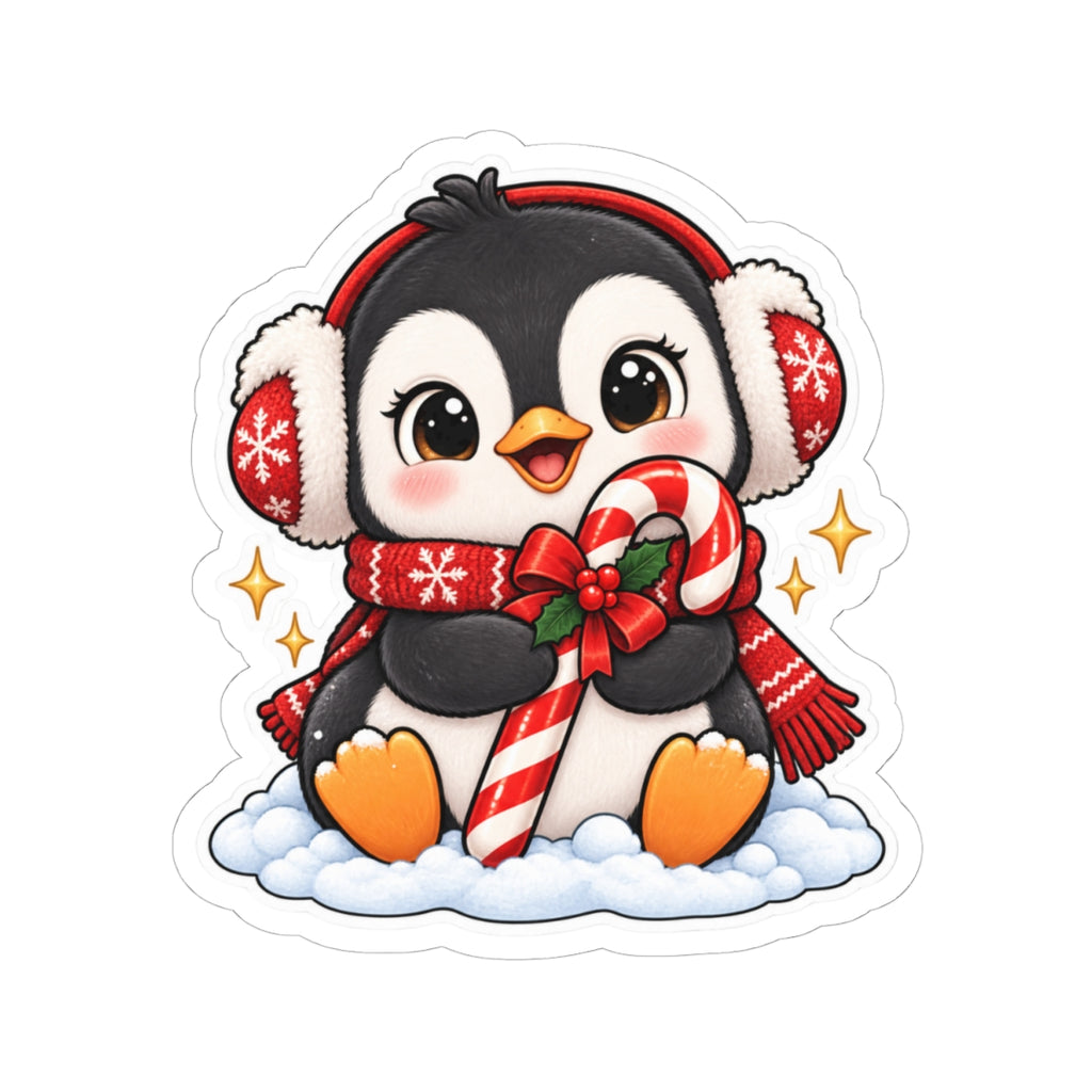 Cute Penguin with Candy Cane Sticker | Christmas Kiss-Cut Sticker