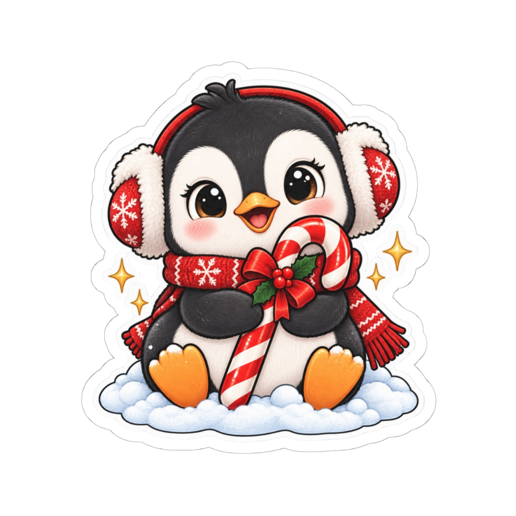 Cute Penguin with Candy Cane Sticker | Christmas Kiss-Cut Sticker