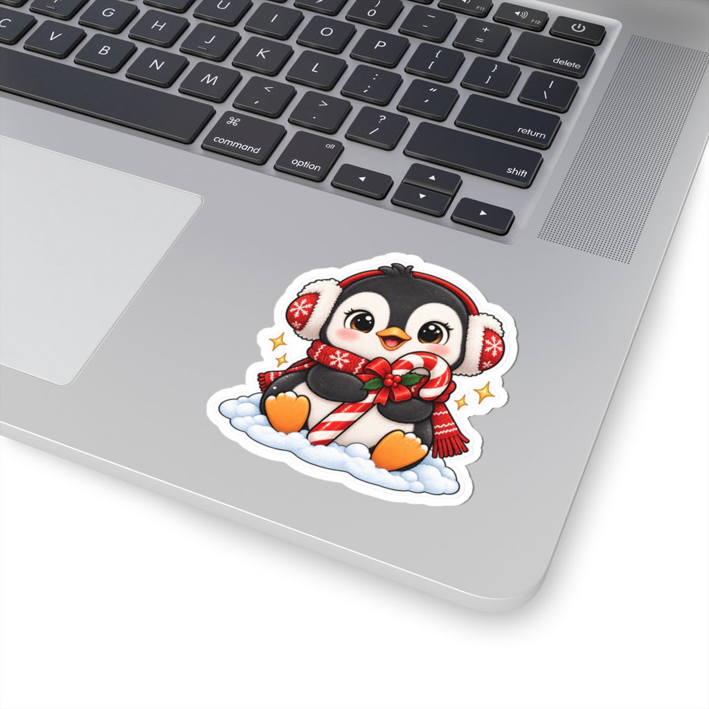 Cute Penguin with Candy Cane Sticker | Christmas Kiss-Cut Sticker