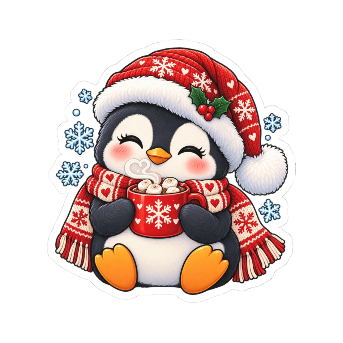 Cute Penguin with Hot Cocoa Sticker | Christmas Kiss-Cut Sticker