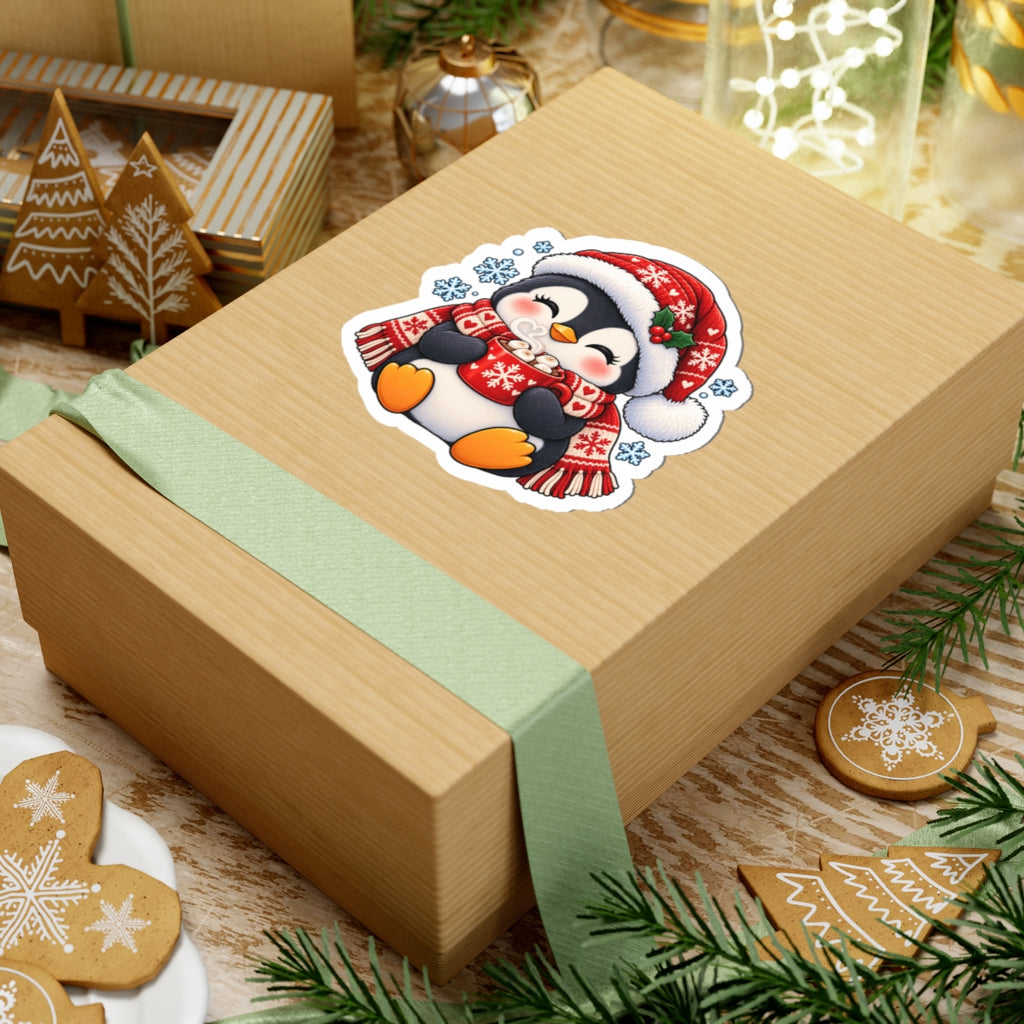 Cute Penguin with Hot Cocoa Sticker | Christmas Kiss-Cut Sticker