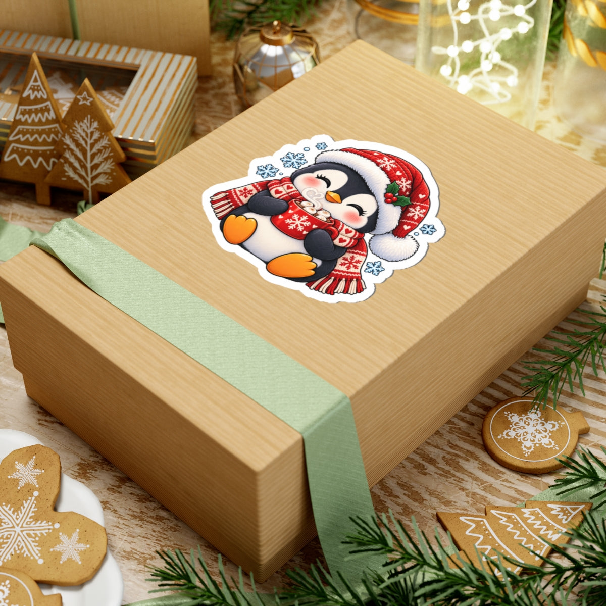 Cute Penguin with Hot Cocoa Sticker | Christmas Kiss-Cut Sticker