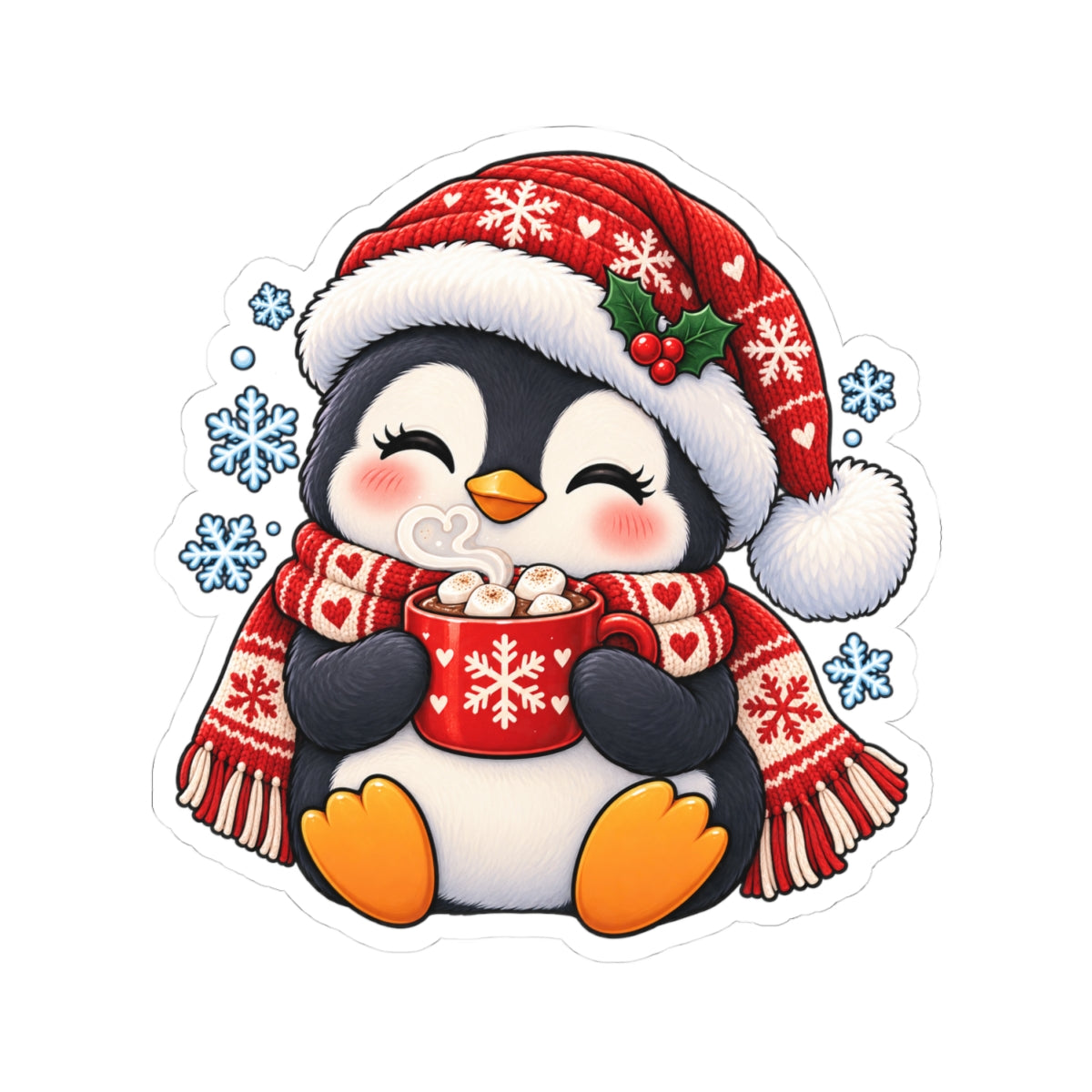 Cute Penguin with Hot Cocoa Sticker | Christmas Kiss-Cut Sticker