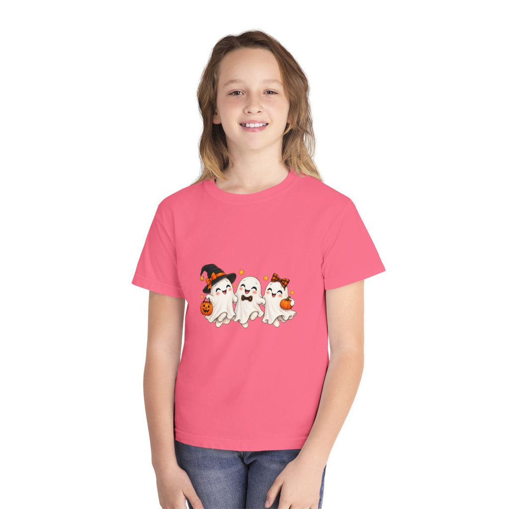 Cute Trio of Halloween Ghosts Youth Tee | Trick-or-Treat Pumpkins