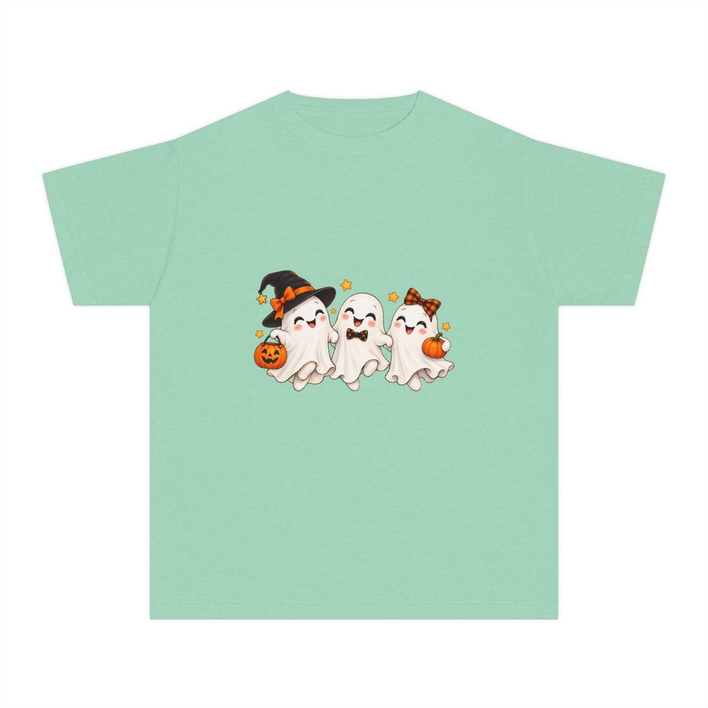 Cute Trio of Halloween Ghosts Youth Tee | Trick-or-Treat Pumpkins
