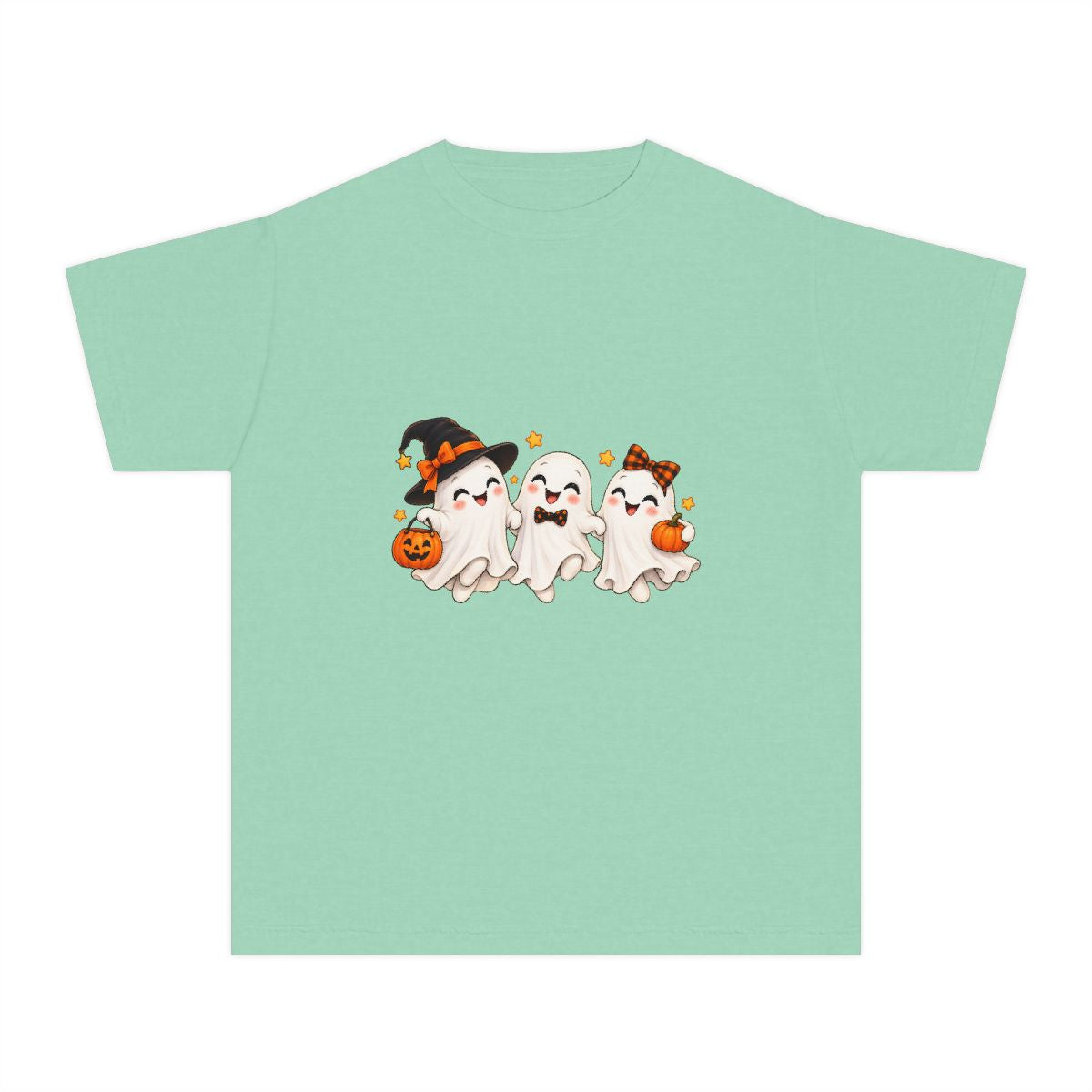 Cute Trio of Halloween Ghosts Youth Tee | Trick-or-Treat Pumpkins