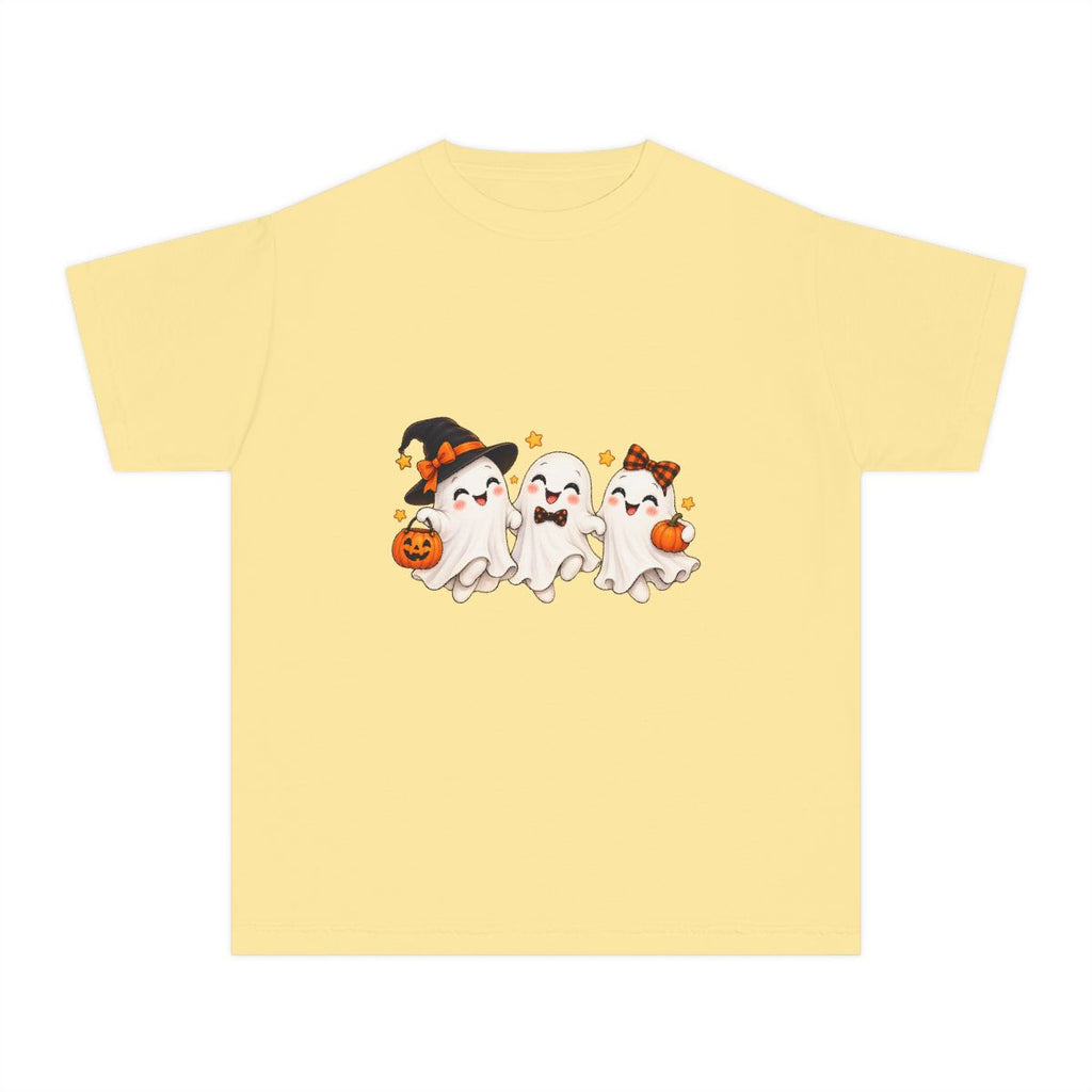 Cute Trio of Halloween Ghosts Youth Tee | Trick-or-Treat Pumpkins