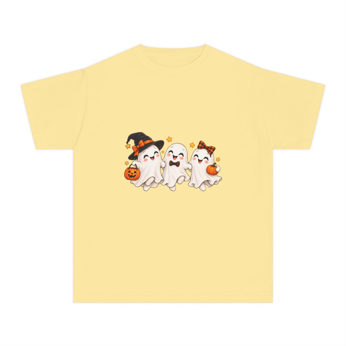 Cute Trio of Halloween Ghosts Youth Tee | Trick-or-Treat Pumpkins