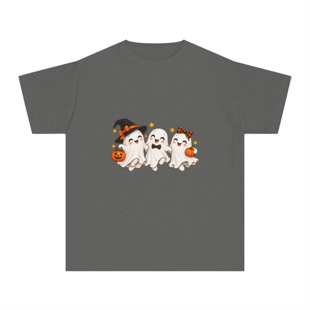 Cute Trio of Halloween Ghosts Youth Tee | Trick-or-Treat Pumpkins