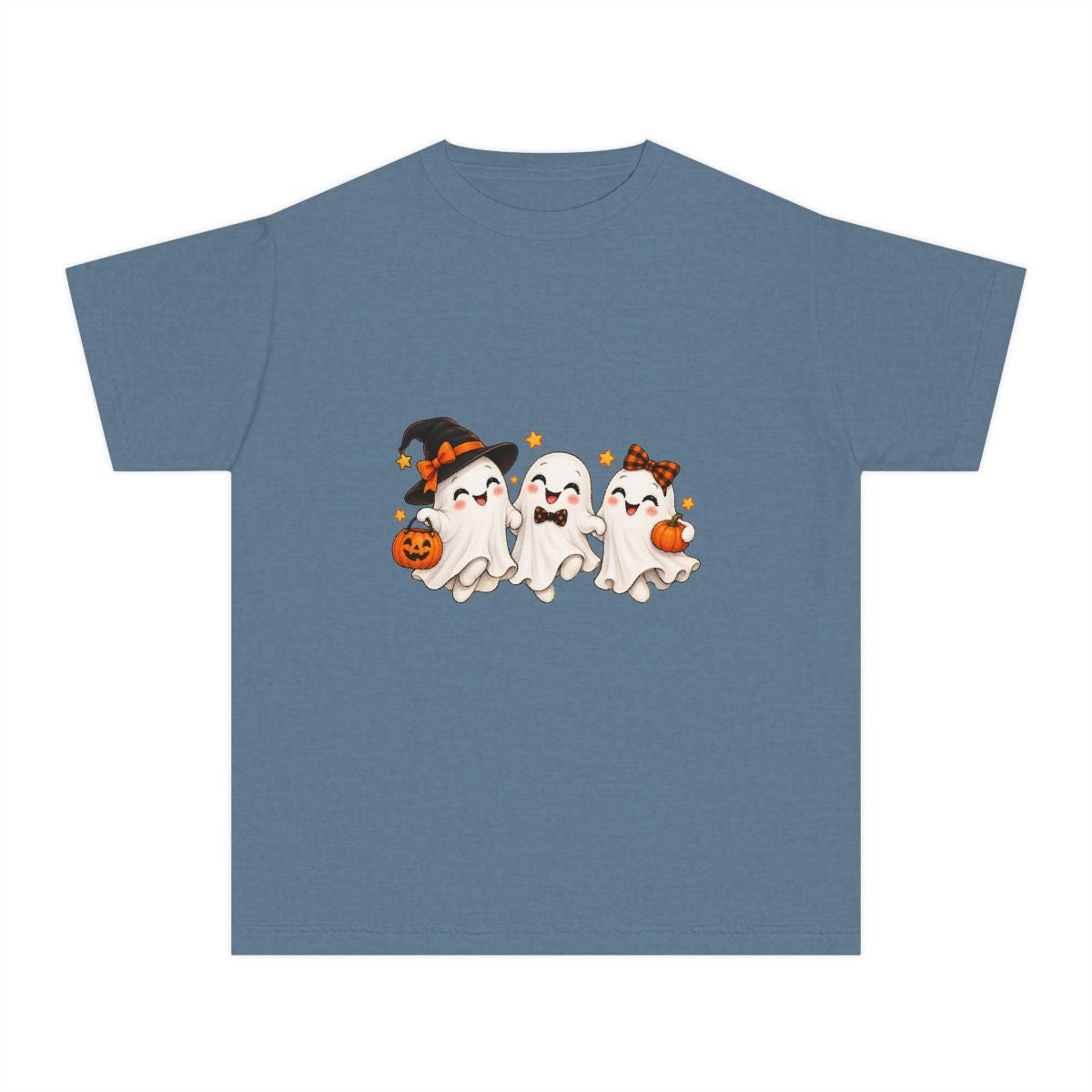 Cute Trio of Halloween Ghosts Youth Tee | Trick-or-Treat Pumpkins