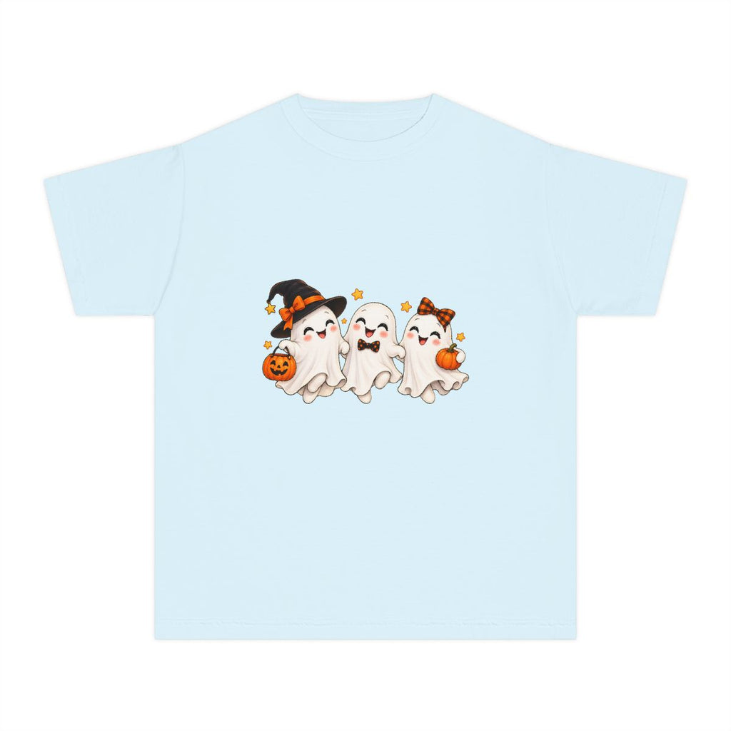 Cute Trio of Halloween Ghosts Youth Tee | Trick-or-Treat Pumpkins