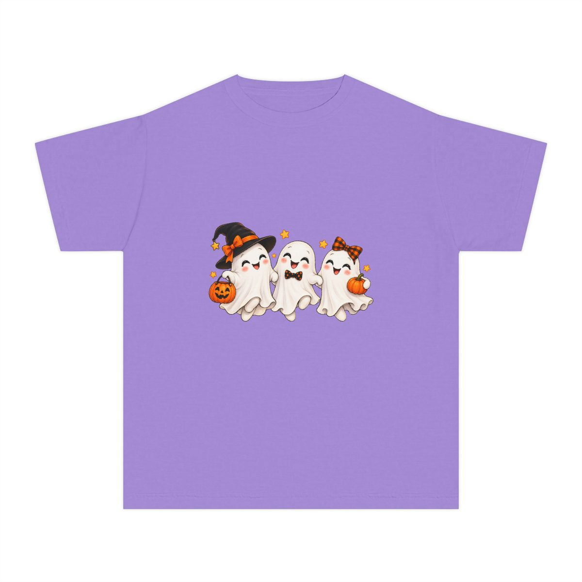 Cute Trio of Halloween Ghosts Youth Tee | Trick-or-Treat Pumpkins