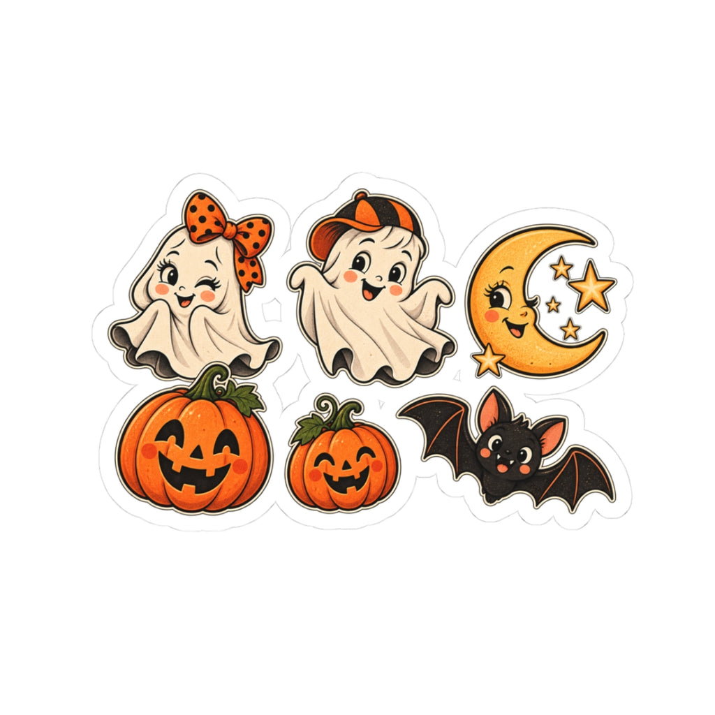 Cute Vintage Halloween Ghosts Pumpkins Bat Moon Sticker Set | Kiss-Cut Stickers