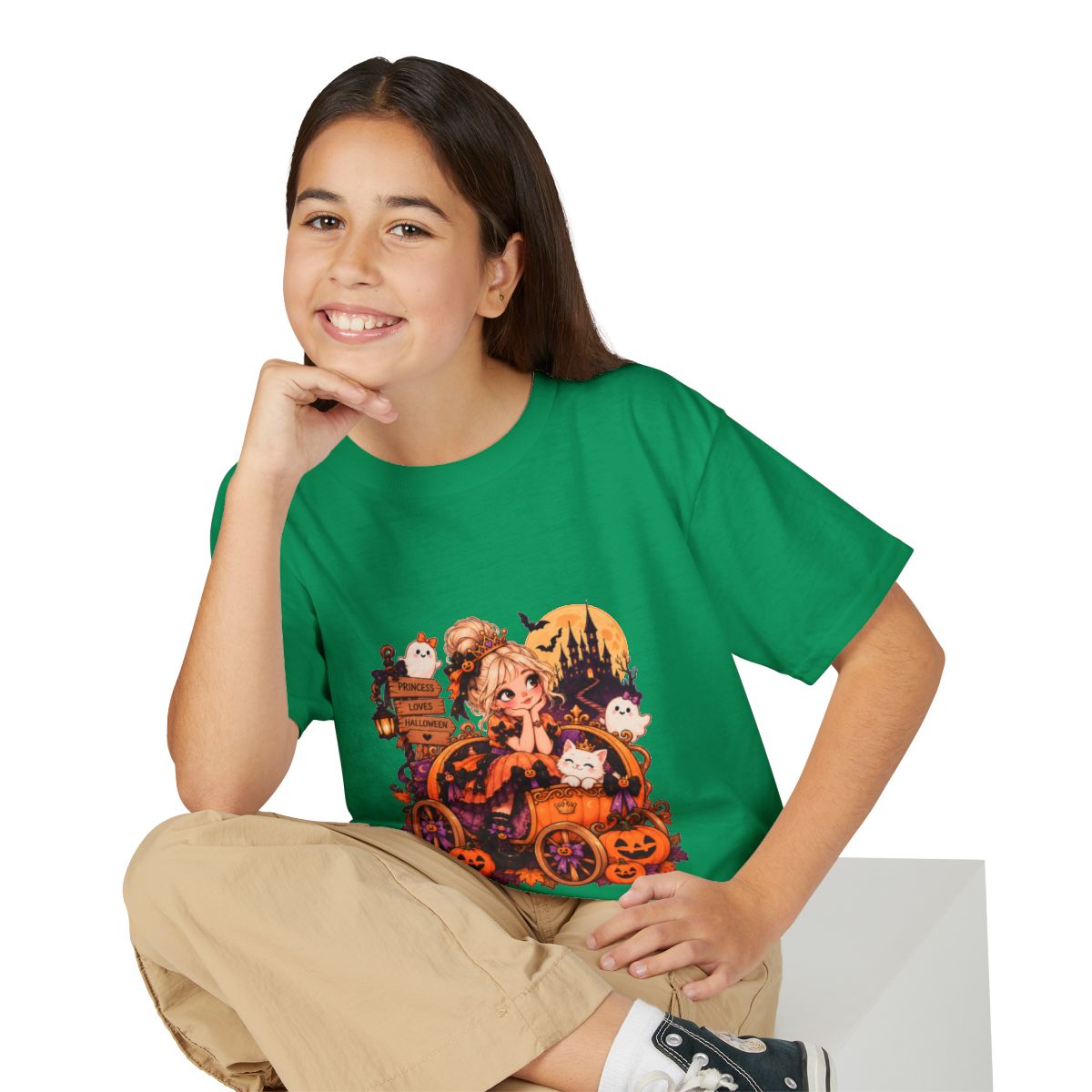 Cute Witch Girl Halloween T-Shirt | Pumpkin Cart, Black Cat, Spooky Castle