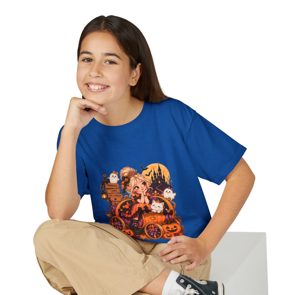 Cute Witch Girl Halloween T-Shirt | Pumpkin Cart, Black Cat, Spooky Castle