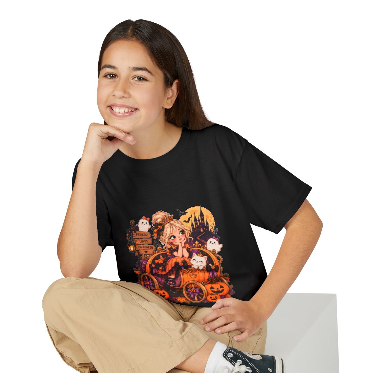 Cute Witch Girl Halloween T-Shirt | Pumpkin Cart, Black Cat, Spooky Castle