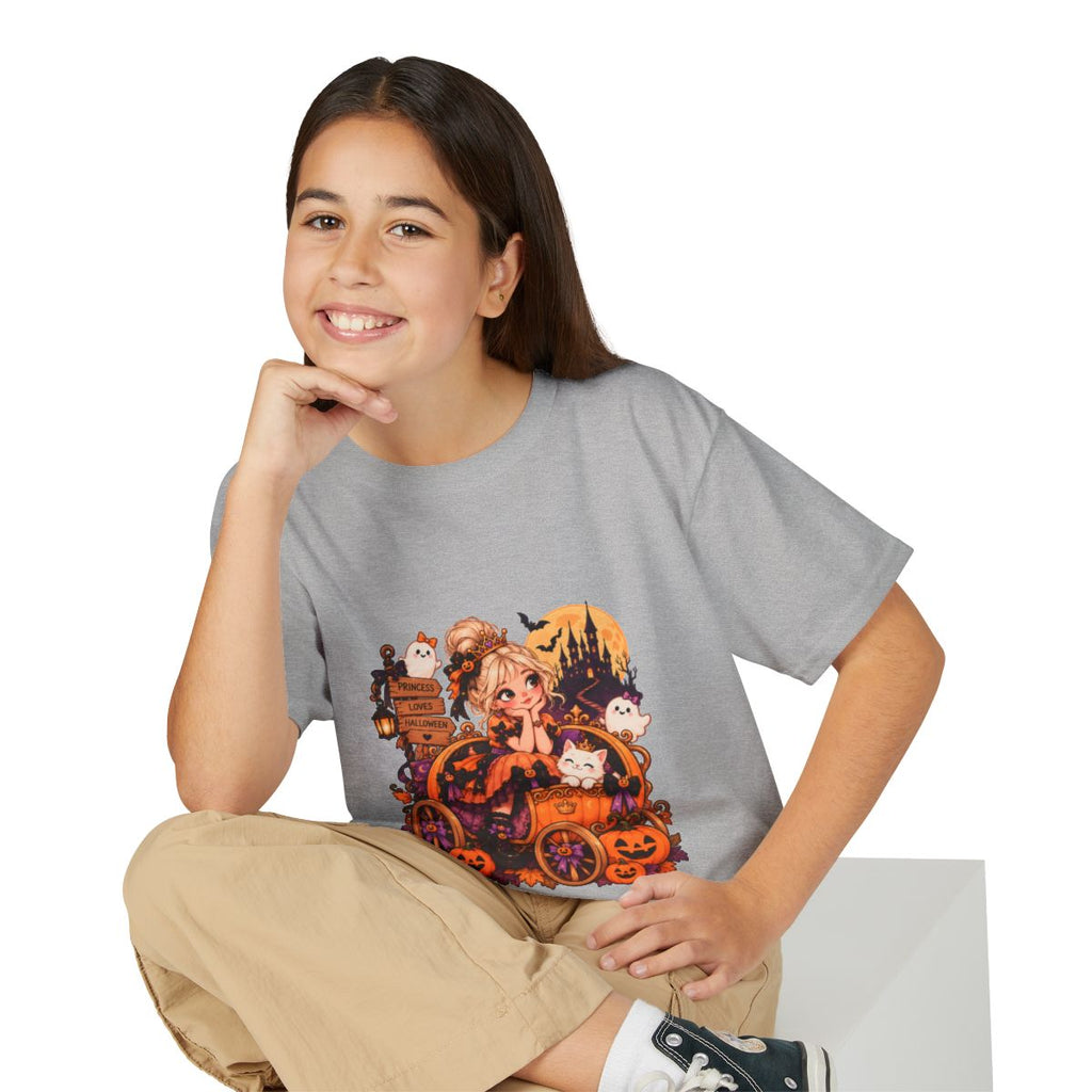 Cute Witch Girl Halloween T-Shirt | Pumpkin Cart, Black Cat, Spooky Castle