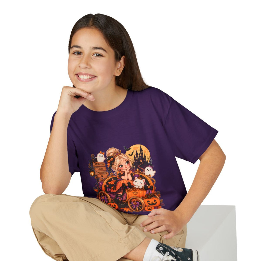 Cute Witch Girl Halloween T-Shirt | Pumpkin Cart, Black Cat, Spooky Castle