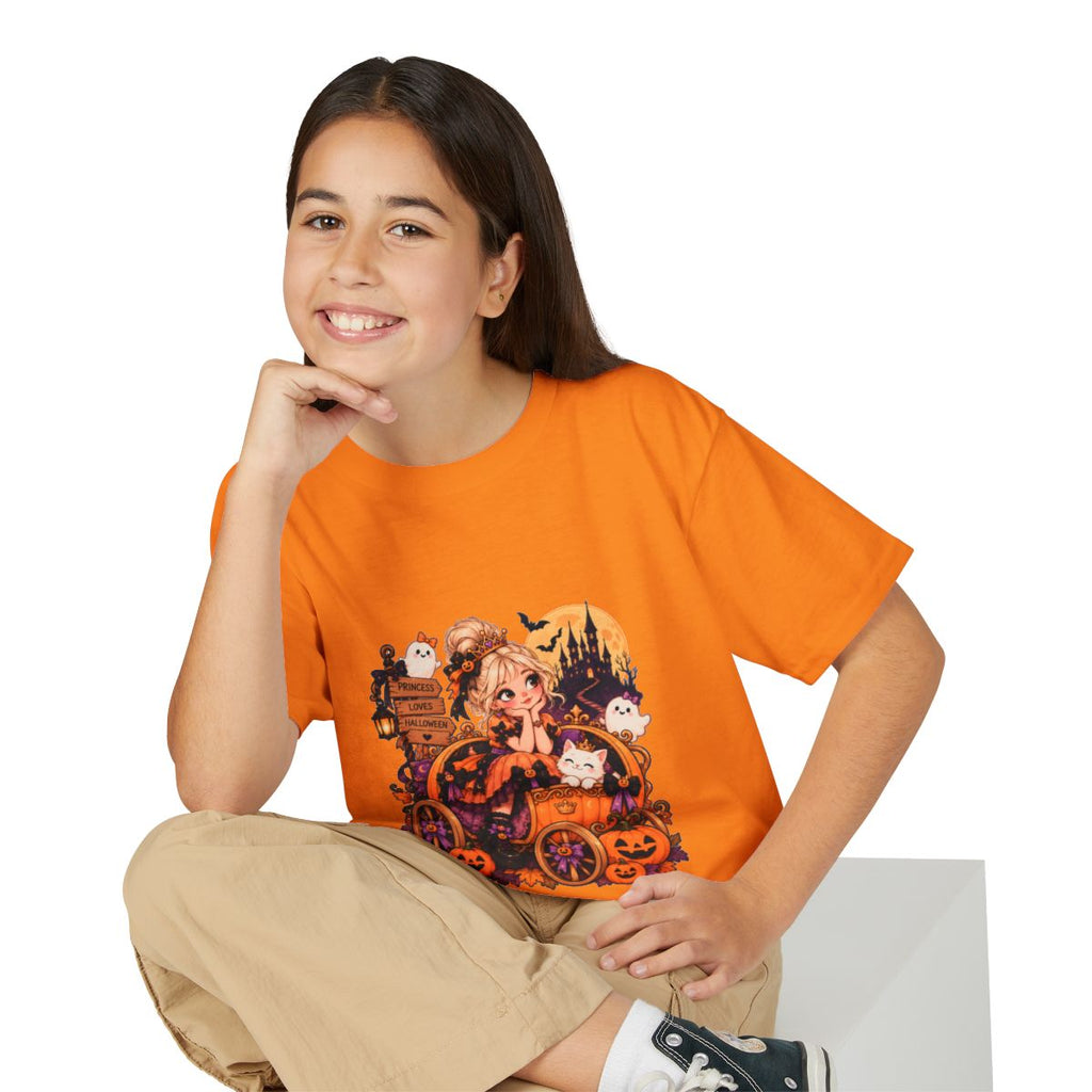 Cute Witch Girl Halloween T-Shirt | Pumpkin Cart, Black Cat, Spooky Castle