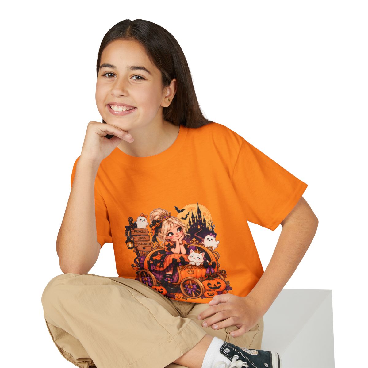 Cute Witch Girl Halloween T-Shirt | Pumpkin Cart, Black Cat, Spooky Castle