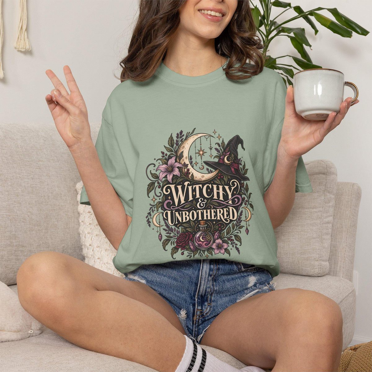 Witchy & Unbothered T-shirt | Crescent Moon, Cat, Floral Boho