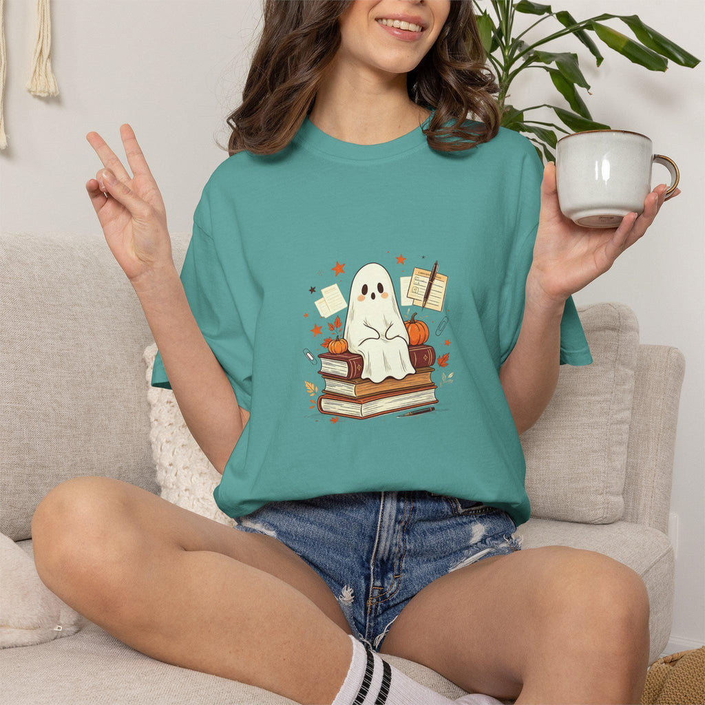Cute Reading Ghost T-shirt | Ghost on Books, Autumn Leaves, Notebook