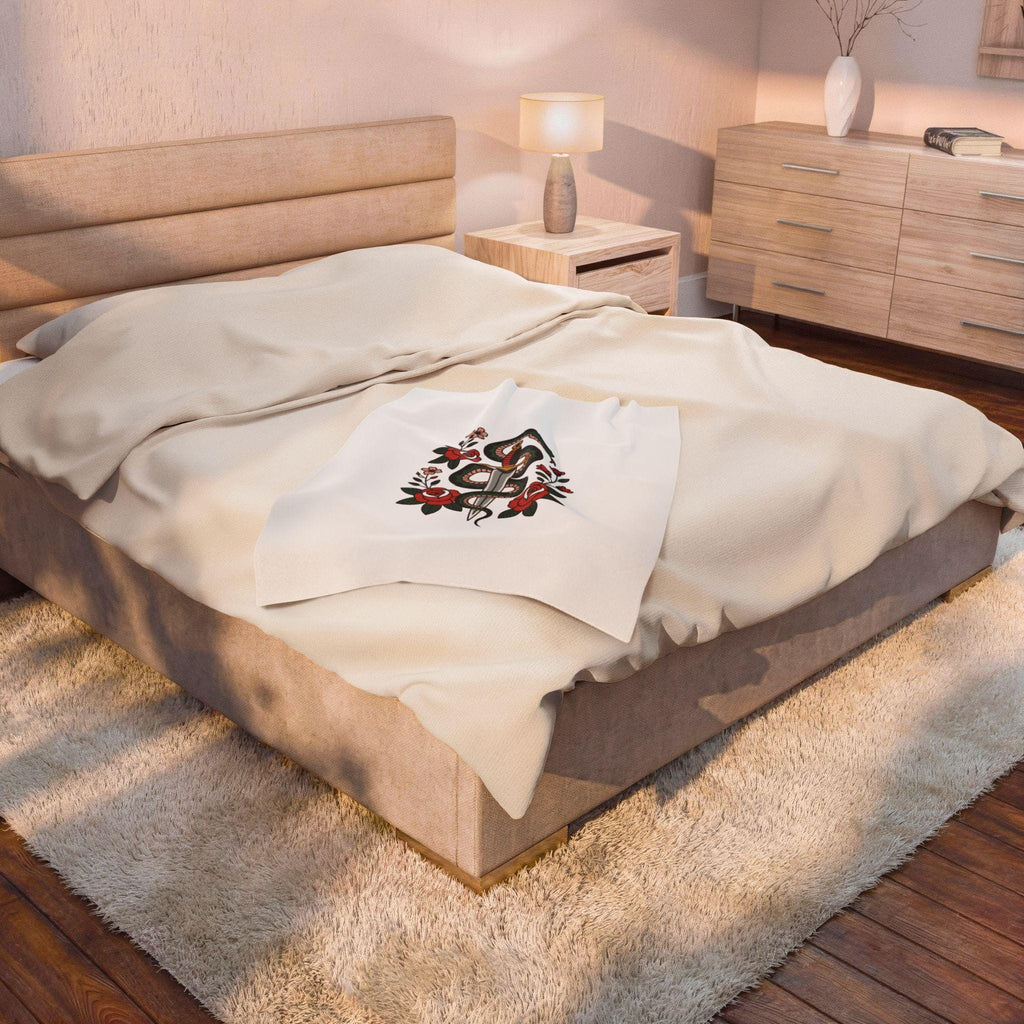 Snake and Dagger with Roses Velveteen Plush Blanket | Tattoo Style Floral Throw