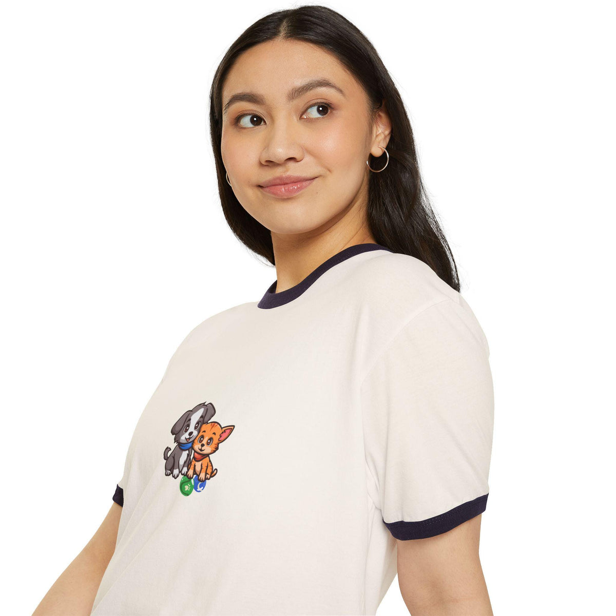 Cute Puppy and Kitten Illustration T-Shirt | Cartoon Pets, Playful Design