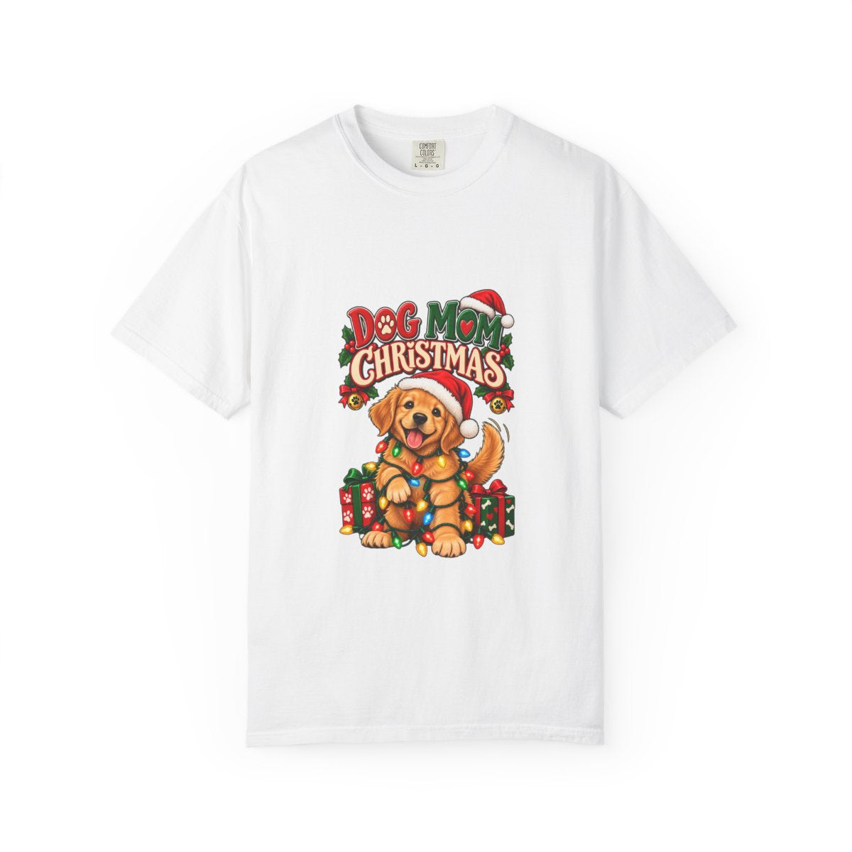 Dog Mom Christmas T-Shirt | Golden Retriever with Lights and Gifts