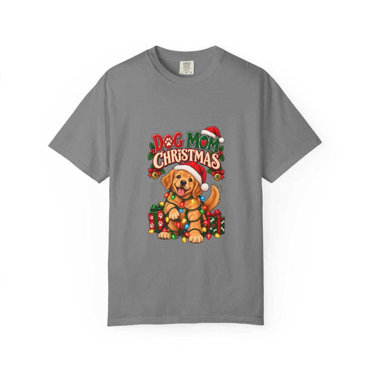 Dog Mom Christmas T-Shirt | Golden Retriever with Lights and Gifts