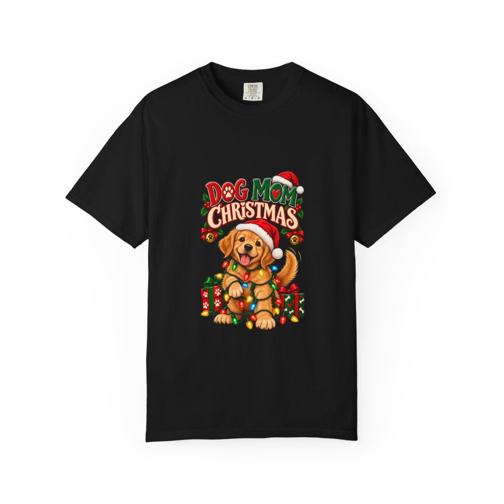Dog Mom Christmas T-Shirt | Golden Retriever with Lights and Gifts