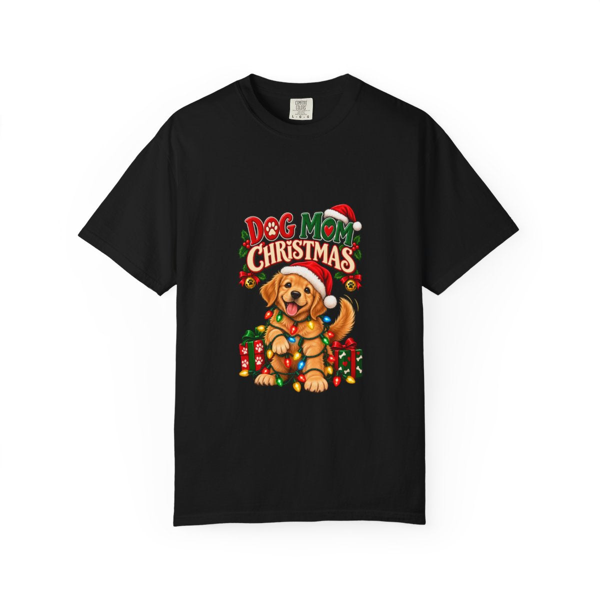 Dog Mom Christmas T-Shirt | Golden Retriever with Lights and Gifts