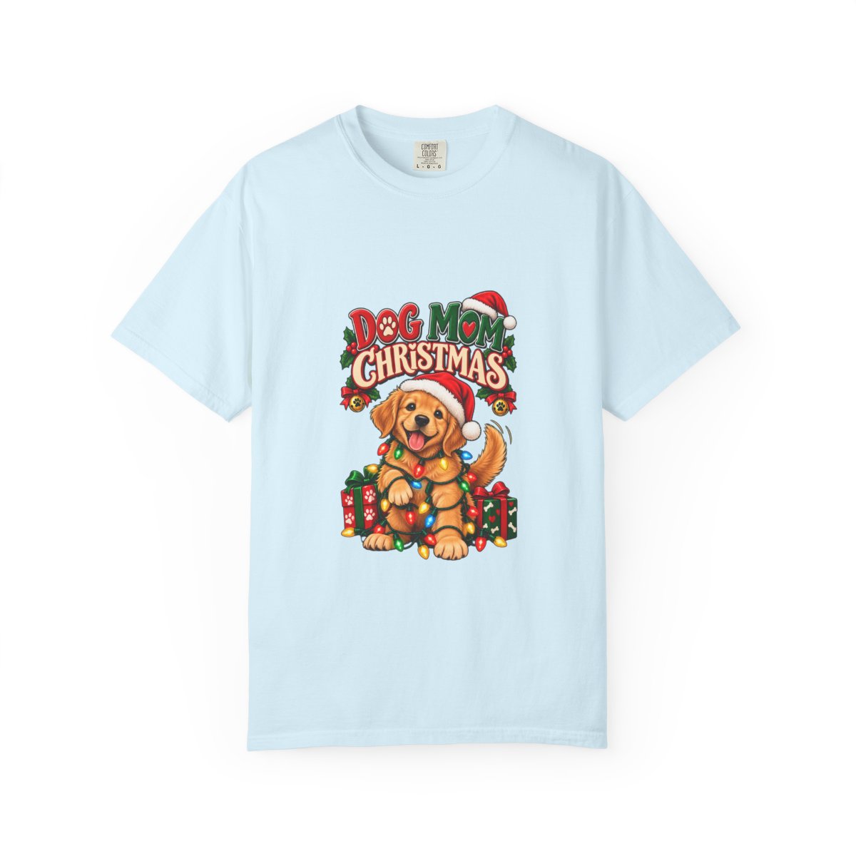 Dog Mom Christmas T-Shirt | Golden Retriever with Lights and Gifts