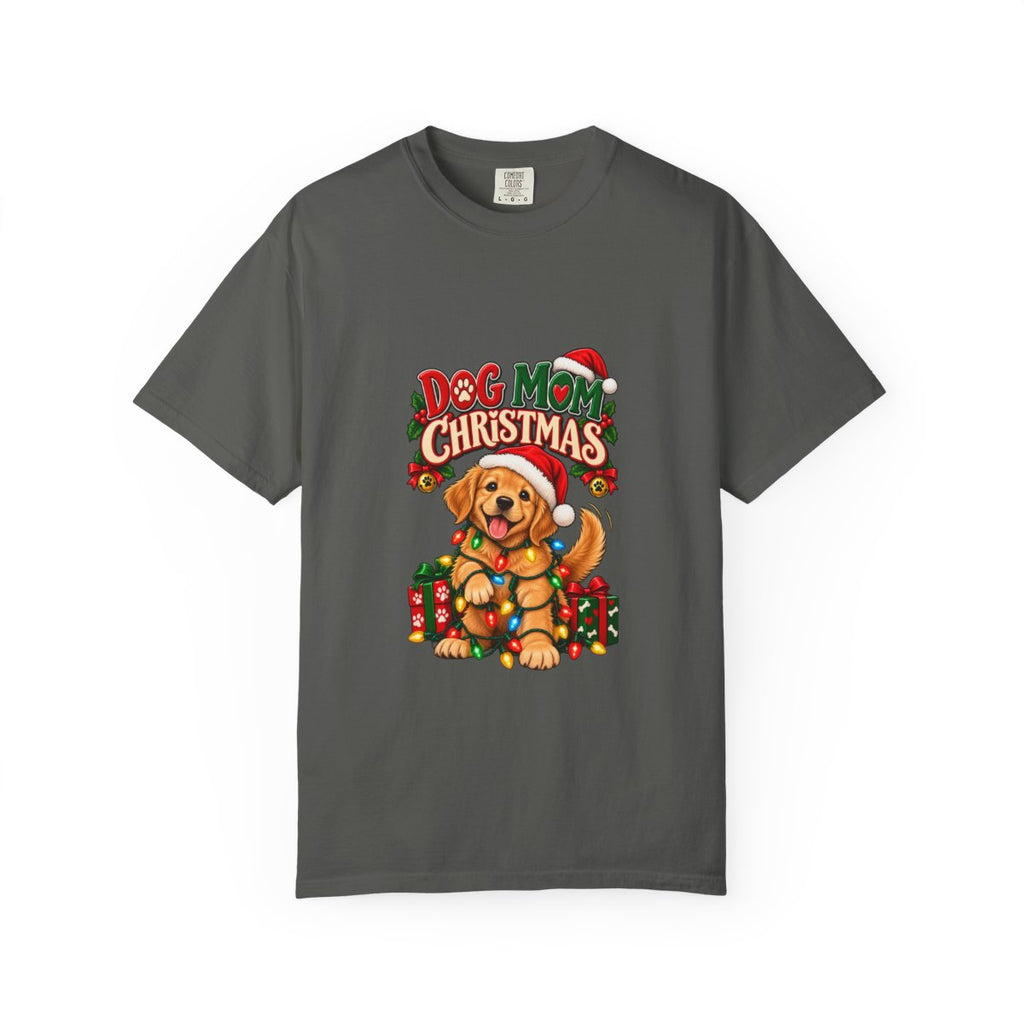 Dog Mom Christmas T-Shirt | Golden Retriever with Lights and Gifts