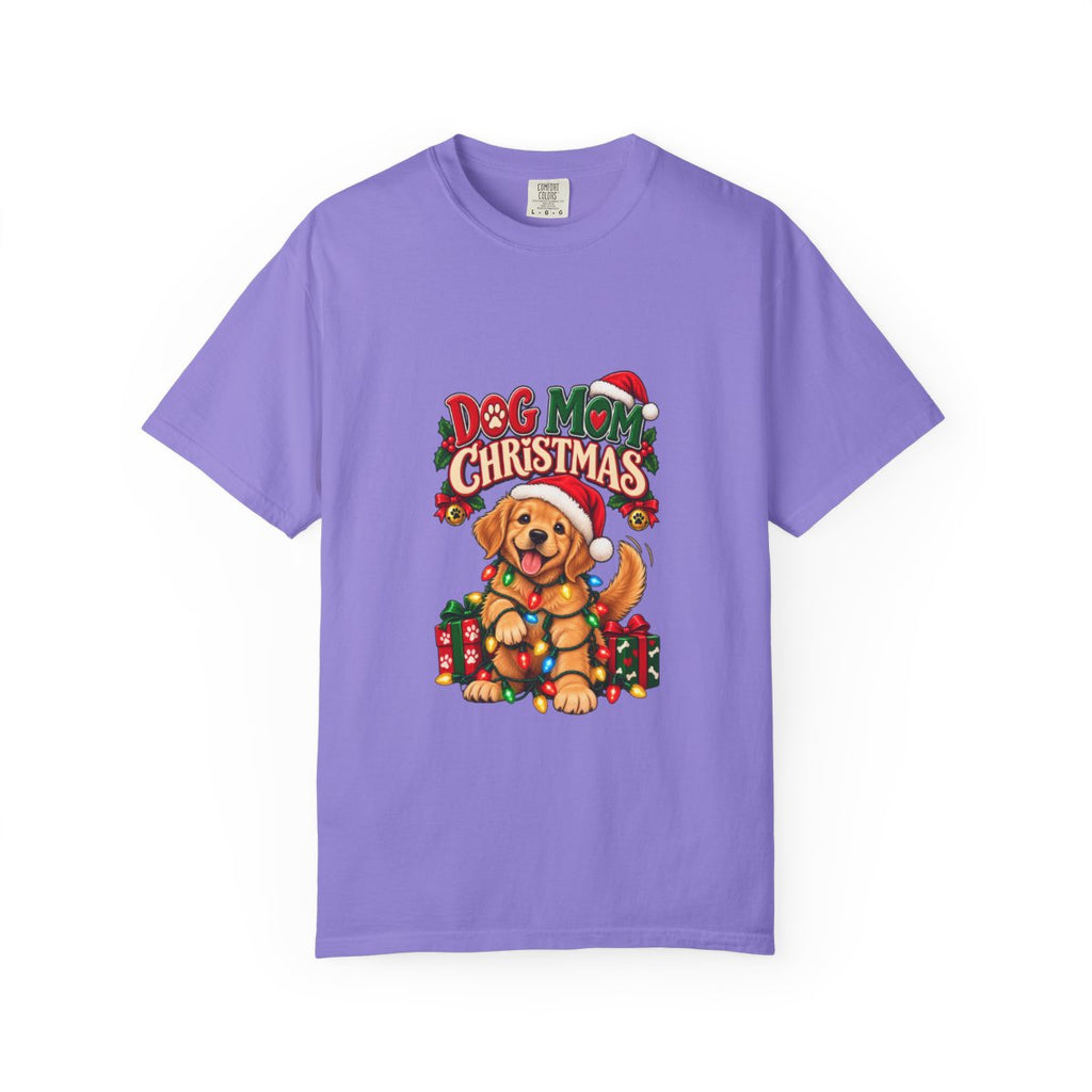 Dog Mom Christmas T-Shirt | Golden Retriever with Lights and Gifts