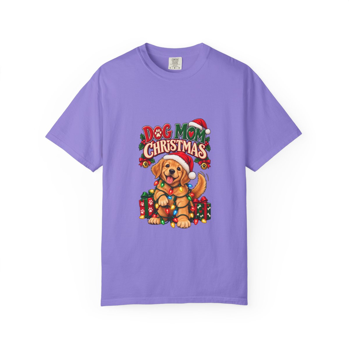Dog Mom Christmas T-Shirt | Golden Retriever with Lights and Gifts