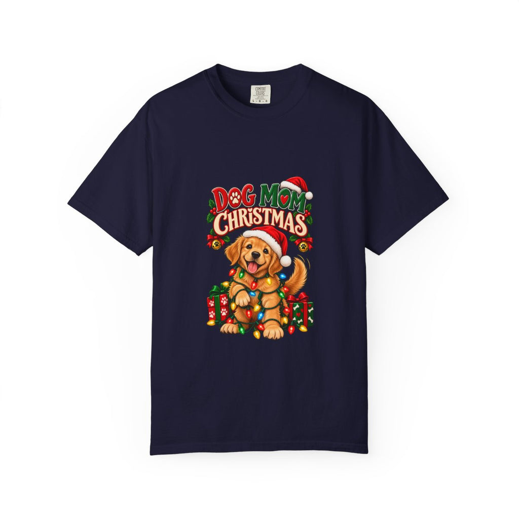 Dog Mom Christmas T-Shirt | Golden Retriever with Lights and Gifts