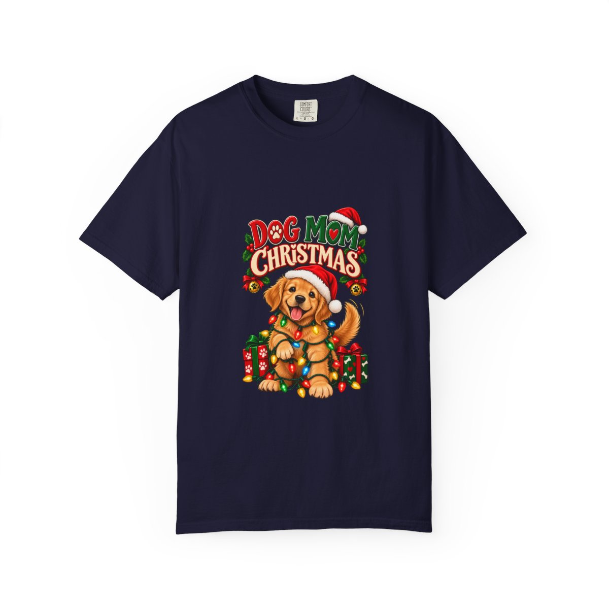 Dog Mom Christmas T-Shirt | Golden Retriever with Lights and Gifts