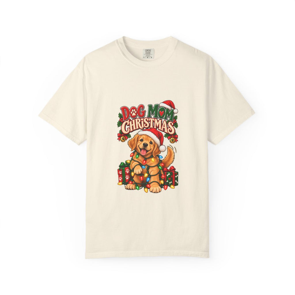 Dog Mom Christmas T-Shirt | Golden Retriever with Lights and Gifts