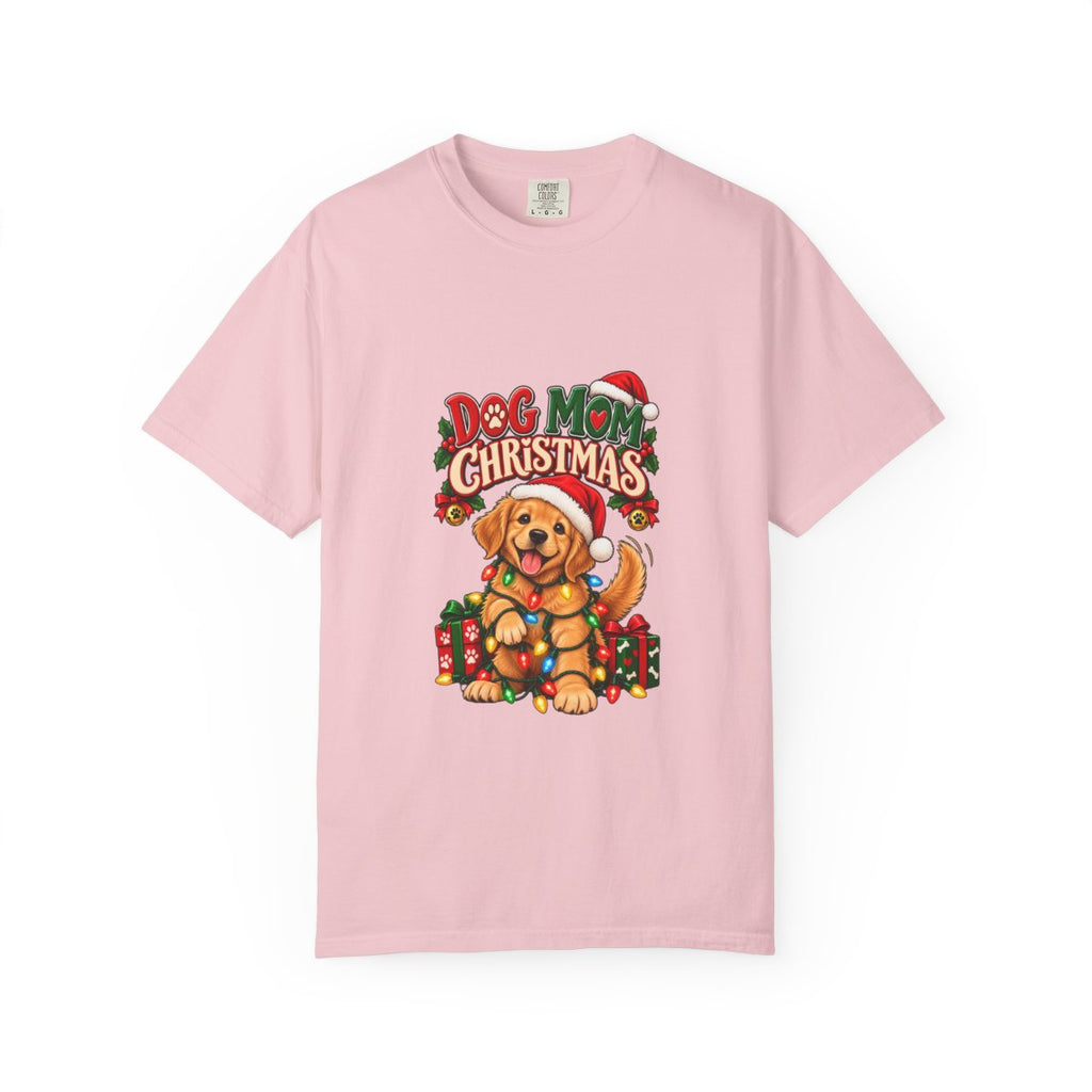 Dog Mom Christmas T-Shirt | Golden Retriever with Lights and Gifts
