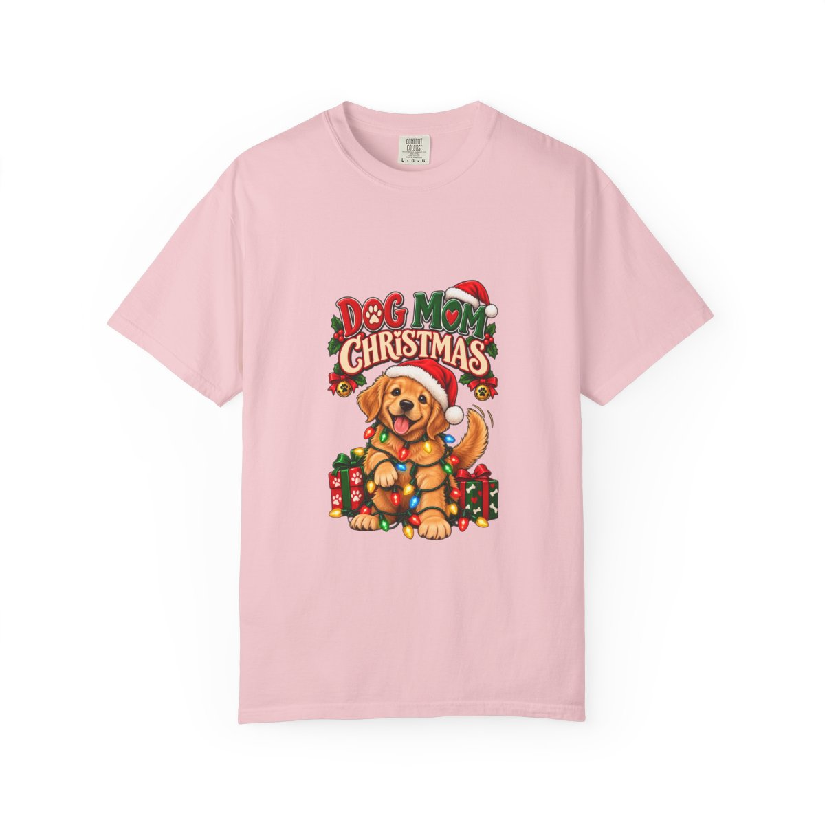 Dog Mom Christmas T-Shirt | Golden Retriever with Lights and Gifts